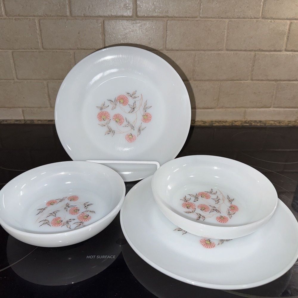 Fire-King Primrose Plate Bowl Set Unisex 9in White Milk Glass Vintage Floral MCM